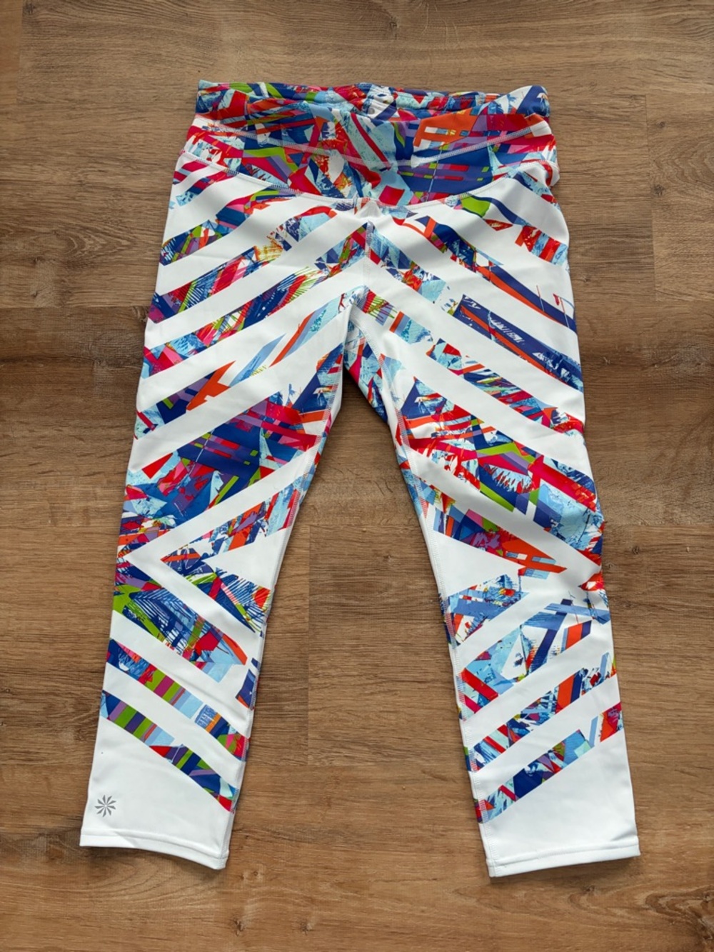 Athleta White Leggings with Multicolor Geometric Stripe Print
